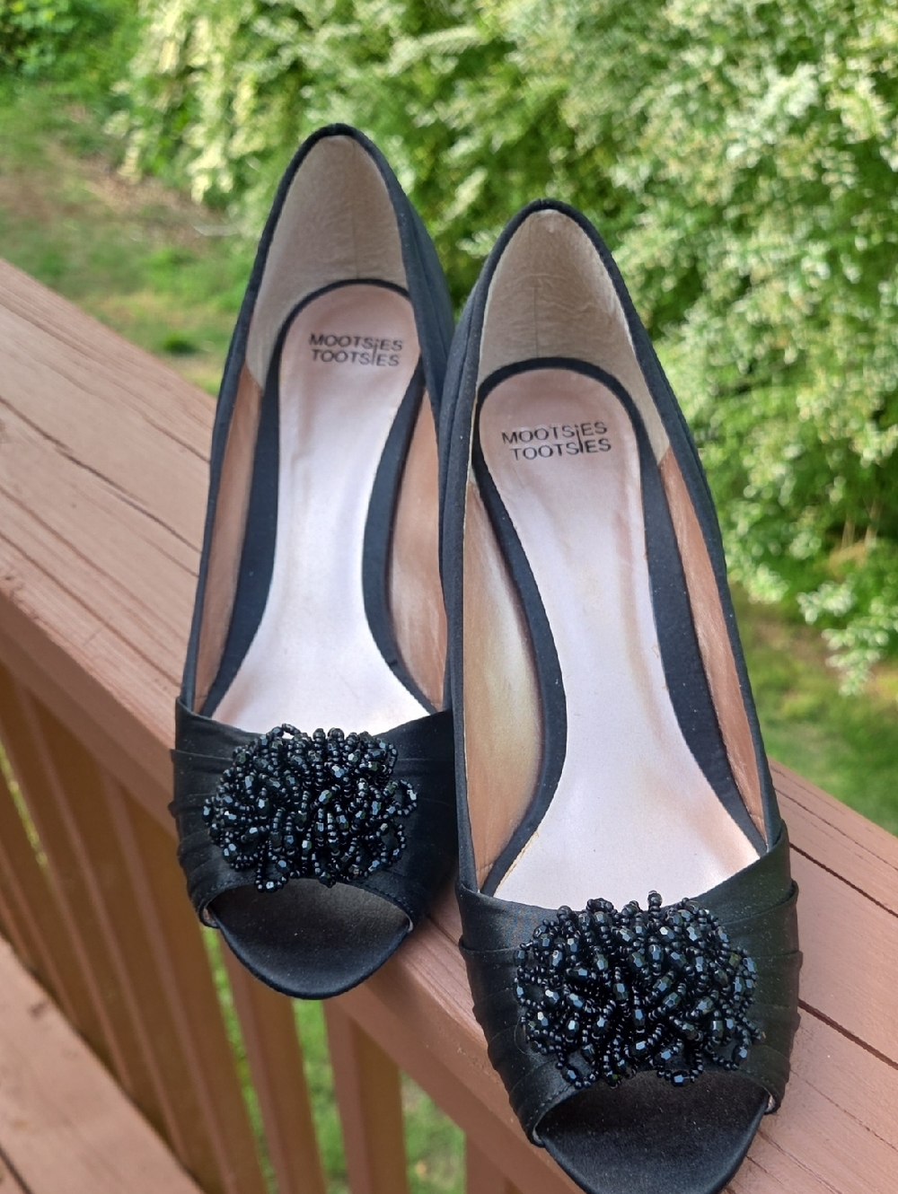 Mootsies Tootsies Black Beaded Peep-Toe Heels